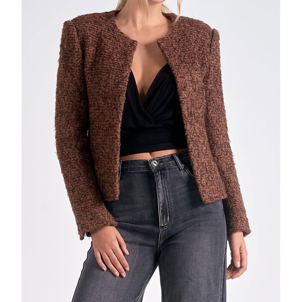 NWOT Elan Structured Tweed Jacket Women's Small Brown Wool Blend Lined Top Clasp